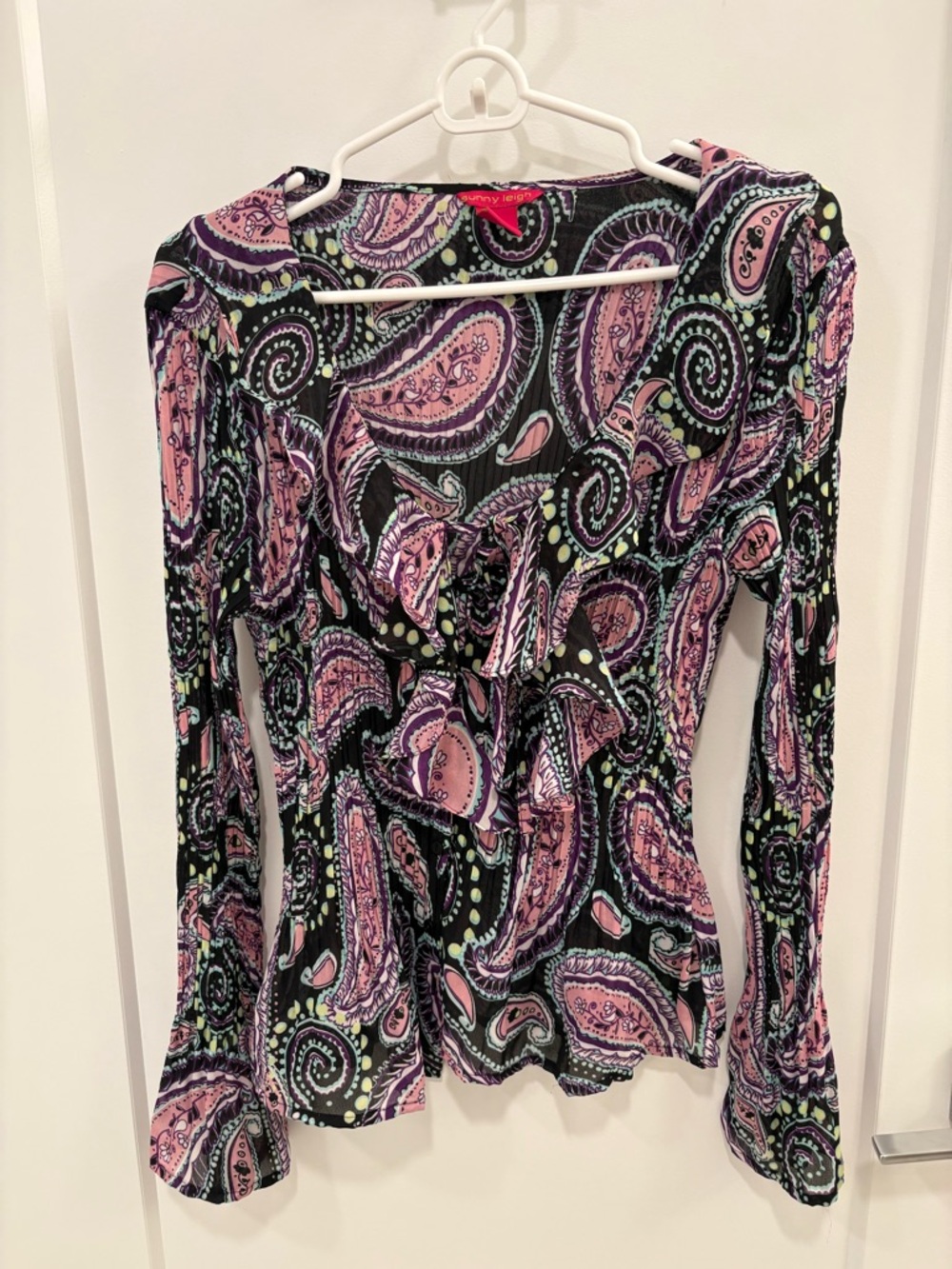 Vintage Y2K Sunny Leigh Fairycore Black Paisley Plisse Top Size Large